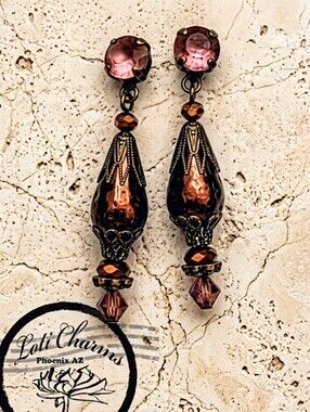 Victorian Burgundy Baroque Lantern & Swarovski Crystal In Brass Earrings